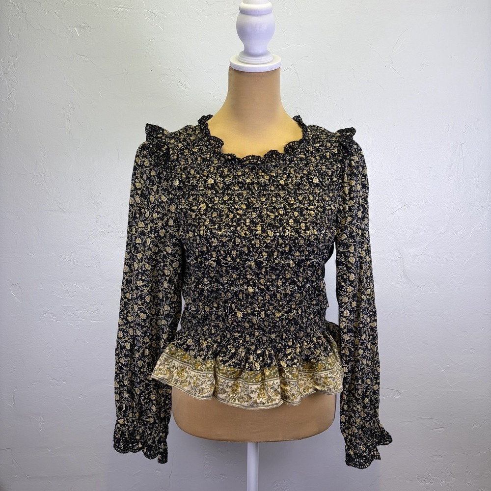 American Eagle Outfitters Black Floral Smocked Peplum Top with yellowish trim